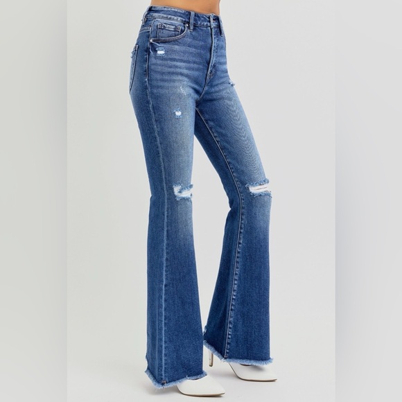 RISEN Full Size High Rise Distressed Raw Hem Flare Jeans - Picture 5 of 7